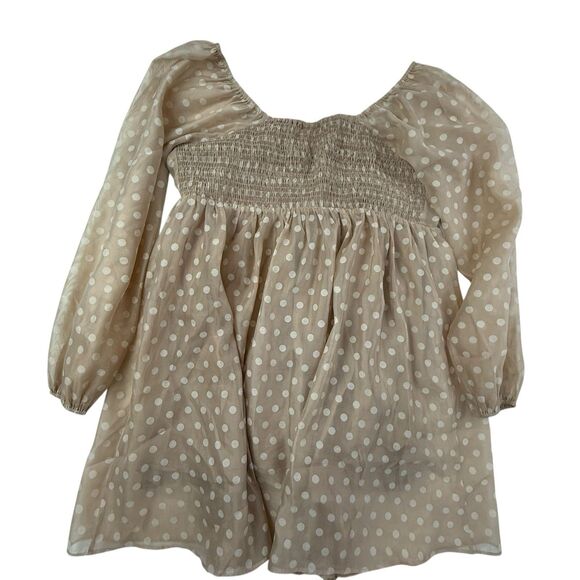 Arula Polka Dot Babydoll Mini Dress Size A 1X Tan Chiffon Long Sleeve - Picture 3 of 10